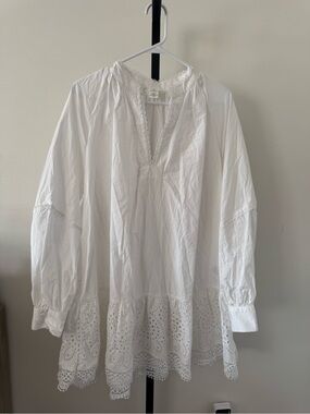 H&M White Long Sleeve Eyelet Tunic Dress